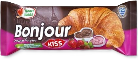 Bonjour Κρουασάν Kiss Chocolate & Strawberry 150gr: Ένας ιδιαίτερος συνδυασμός φρέσκου κρουασάν φούρνου με κρέμα φράουλας και Πραλίνα Φουντουκιού.