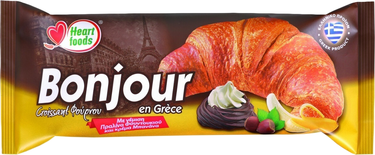 Bonjour Κρουασάν Praline & Banana Cream 150gr: Ένας ιδιαίτερος συνδυασμός φρέσκου κρουασάν φούρνου με κρέμα μπανάνας και Πραλίνα Φουντουκιού.