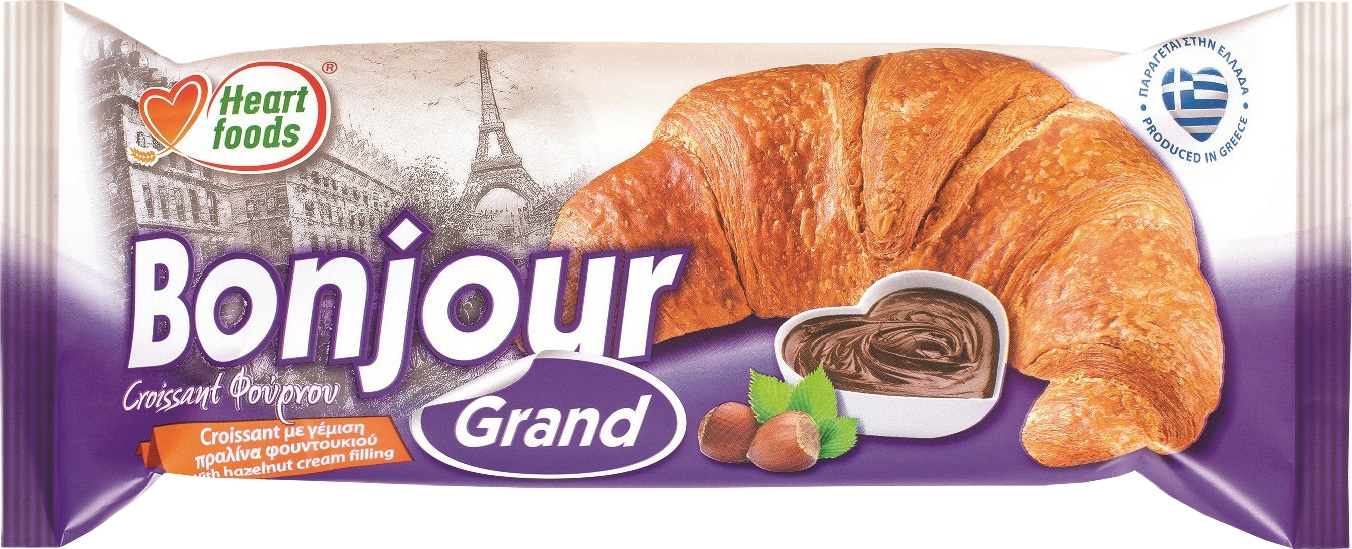 Bonjour Κρουασάν Grand Praline 250gr: το μεγάλο κρουασάν με την κλασική αγαπημένη γέμιση πραλίνας Φουντουκιού.